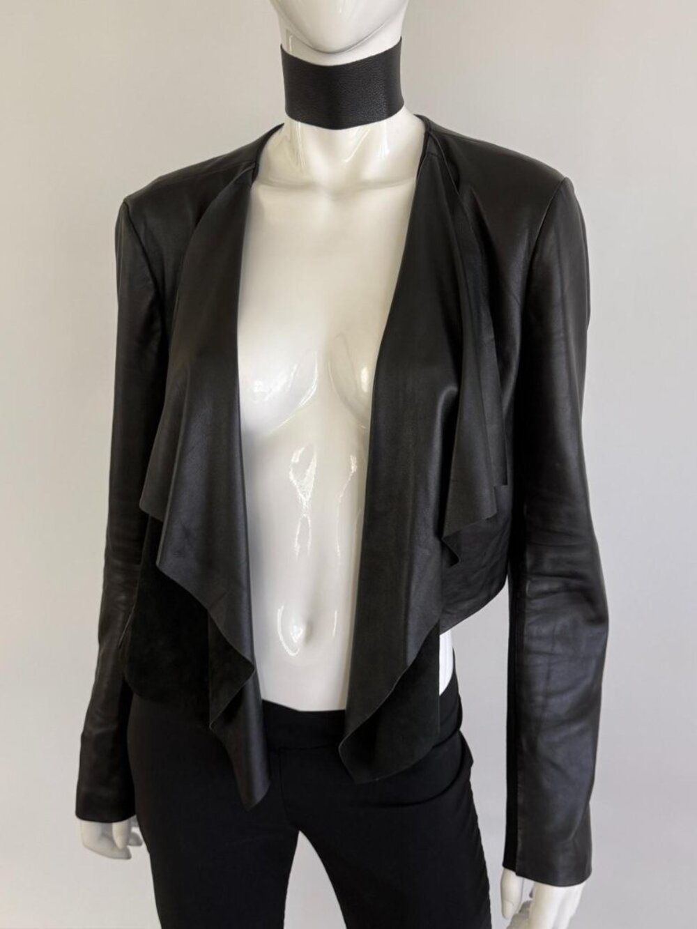 Bebe Genuine Leather Waterfall Draped Open Front Jacket